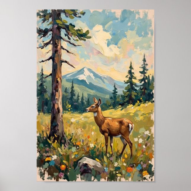 Affiche Art du paysage boisé de cerf vintage (Devant)