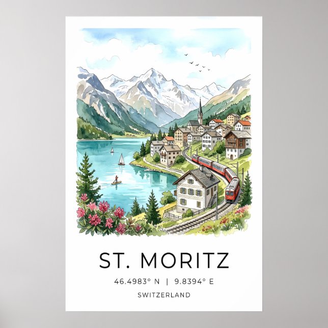 Affiche Art du paysage suisse St Moritz Aquarelle - Alpin (Devant)