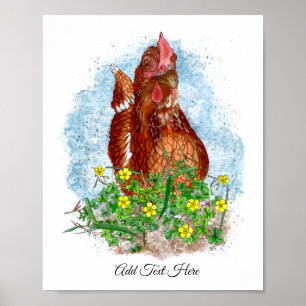 Affiche Art du poulet tiré à la main   Poulet mignon en fl