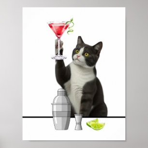 Affiche Art d'un chat tenant un Martini rose