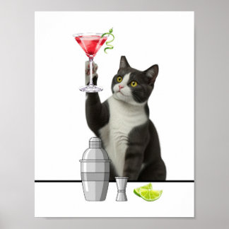 Affiche Art d'un chat tenant un Martini rose