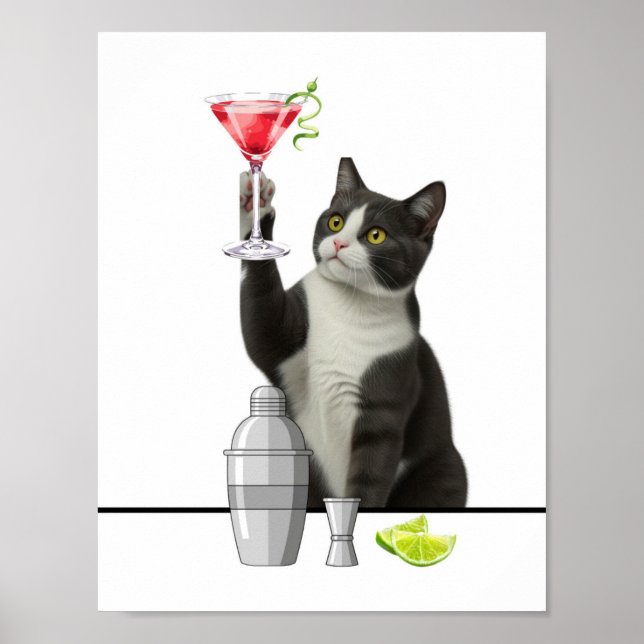 Affiche Art d'un chat tenant un Martini rose (Devant)