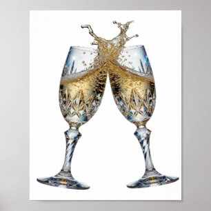 Affiche Art en argent de VERRES À CHAMPAGNE en texte 3D