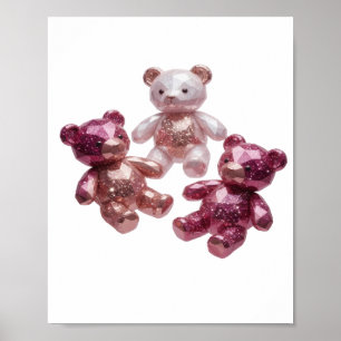 Affiche Art en argent Trois Ours en Peluche Brillants Text