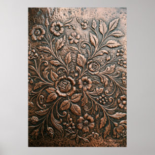 Affiche Art en relief floral en cuivre embouti