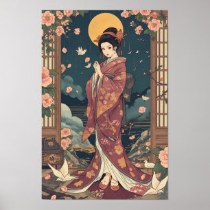 Affiche Art esthétique de fille en kimono d'anime japonais