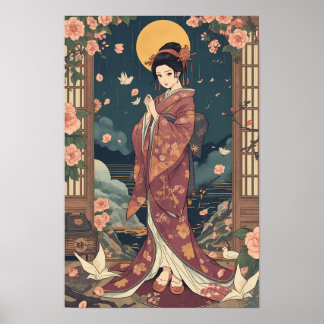 Affiche Art esthétique de fille en kimono d'anime japonais