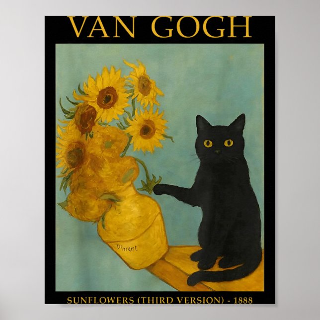 Affiche Art étoilé Chat noir avec suowers (Devant)