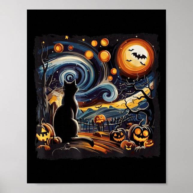 Affiche Art étoilé effrayant Nuit Art étoilé Chat noir Cit (Devant)