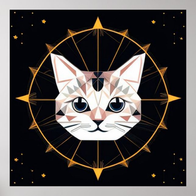 Affiche Art félin géométrique avec étoiles dorées pour déc (Devant)