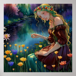 Affiche *~ Art Femme assise Pick Flower Pond AP56
