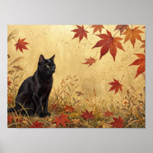 Affiche Art Feuille de Maple d'Automne Chat Noir
