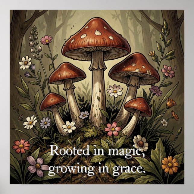 Affiche Art Fleurs sauvages et champignons rouges vintage (Devant)