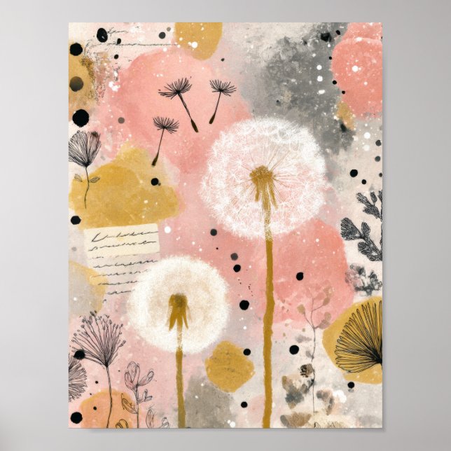 Affiche Art floral abstrait de pissenlit à l'aquarelle (Devant)