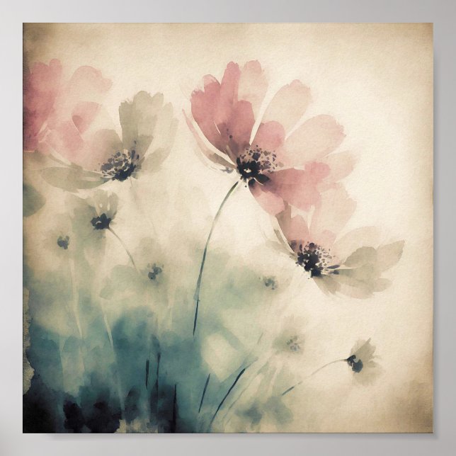 Affiche art floral aquarelle rose (Devant)