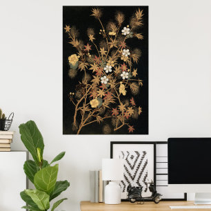 Affiche Art floral automnal noir doré vintage japonais