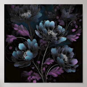 Affiche Art floral bleu et pourpre foncé