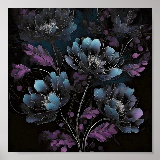 Affiche Art floral bleu et pourpre foncé (Devant)