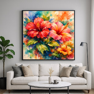 Affiche Art floral coloré de style aquarelle Hibiscus