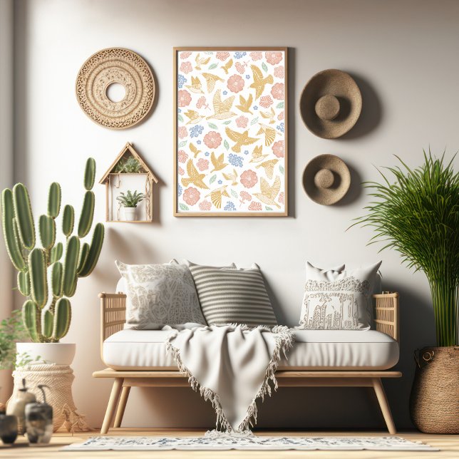 Affiche Art floral et oiseaux dessiné à la main (Créateur téléchargé)