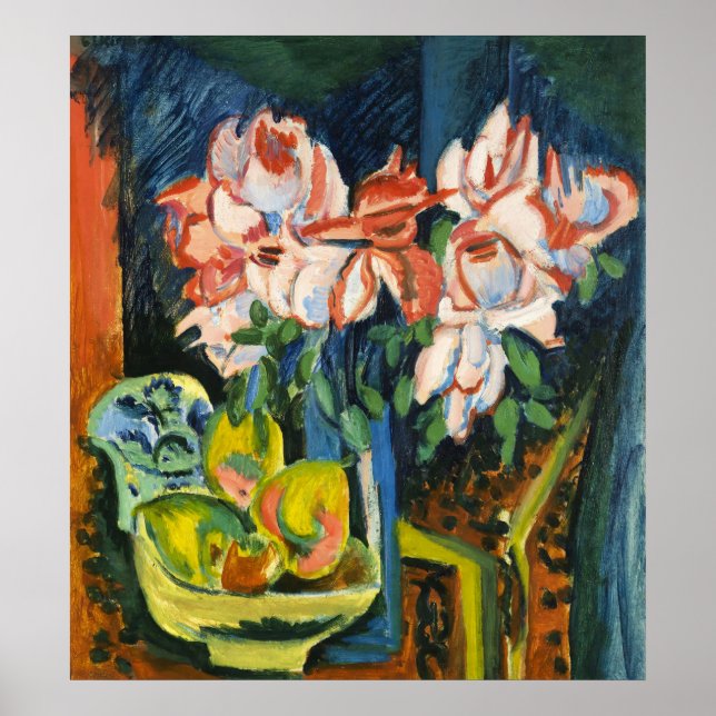 Affiche Art floral expressionniste aux roses roses de Kirc (Devant)