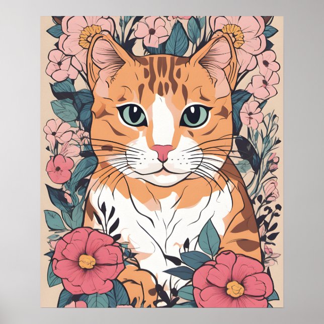 Affiche Art floral Feline Féline de chat, Art Fleur de cha (Devant)