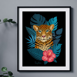 Affiche Art Floral Jungle Leopard élégant   bleu marine
