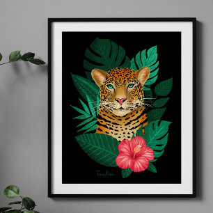 Affiche Art Floral Jungle Leopard élégant   Noir vert