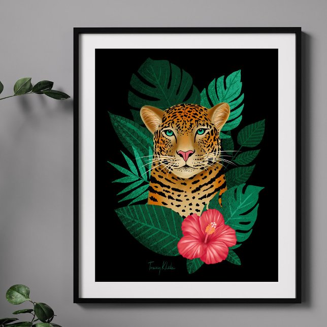 Affiche Art Floral Jungle Leopard élégant | Noir vert (Créateur téléchargé)