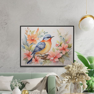 Affiche Art floral oiseau aquarelle fantaisiste