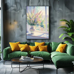 Affiche Art floral pointilliste avec vue de jardin ensolei