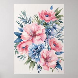 Affiche Art floral rose et bleu élégant