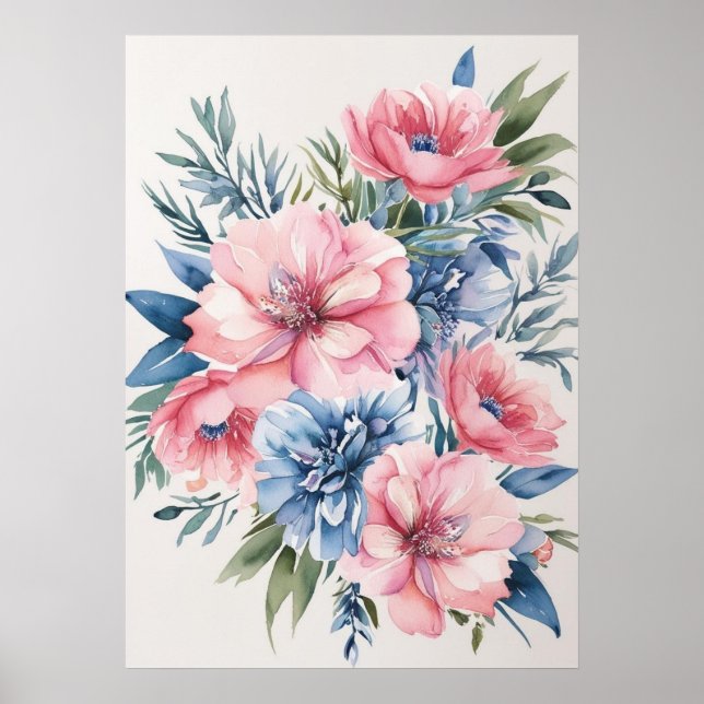 Affiche Art floral rose et bleu élégant (Devant)