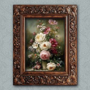Affiche Art floral vintage français rose et blanc de pivoi