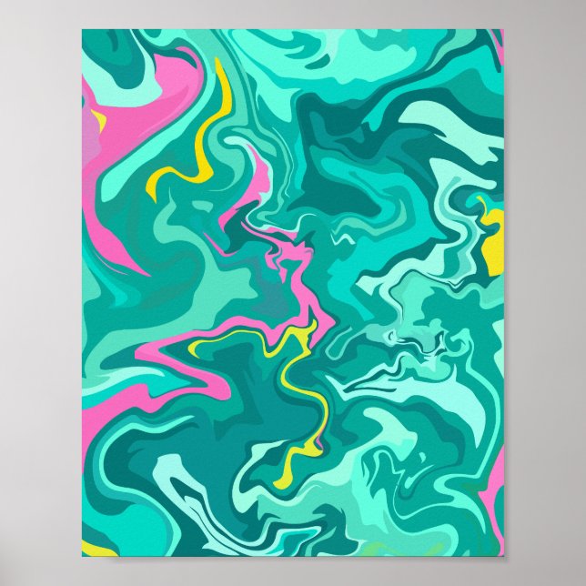 Affiche Art fluide abstrait avec du vert, du rose et du ja (Devant)