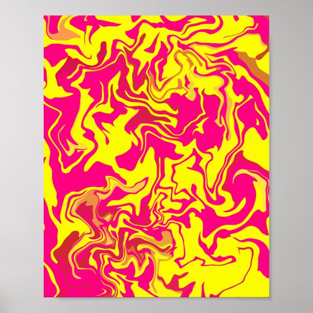 Affiche Art fluide Abstrait avec perruques jaunes et roses (Devant)