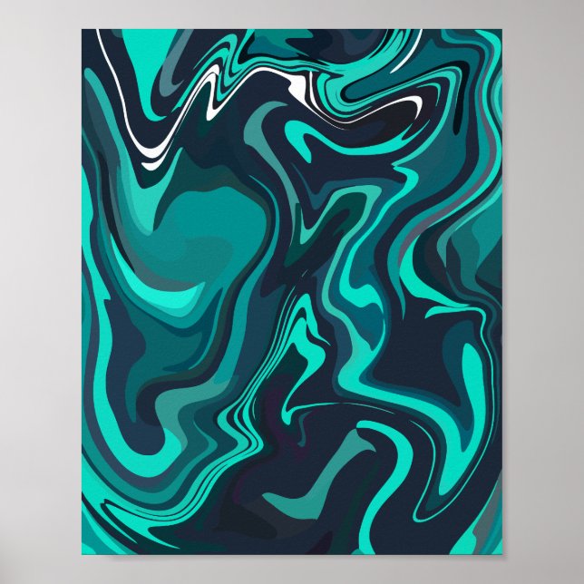 Affiche Art fluide abstrait avec tourbillons de sarcelle e (Devant)