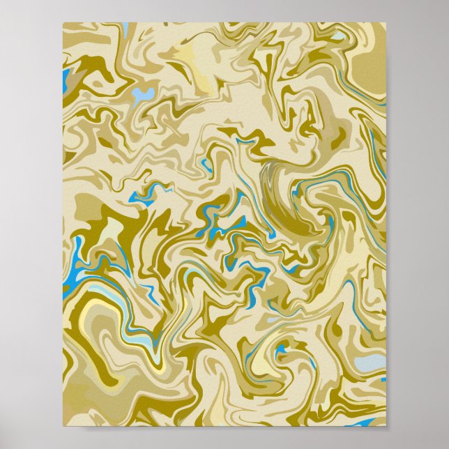 Affiche Art fluide abstrait moutarde et bleu (Devant)