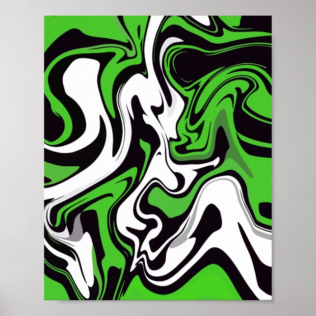 Affiche Art fluide abstrait vert, noir et blanc (Devant)