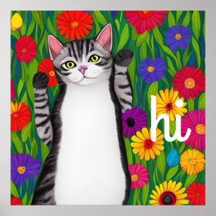 Affiche Art folklorique Chat coloré et Fleurs disant Bonjo