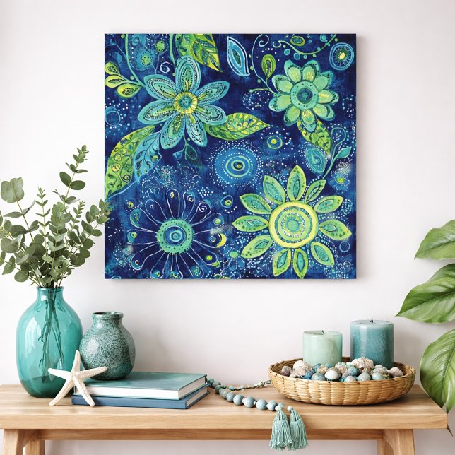 Affiche Art folklorique floral bleu vert gras (Blue and green abstract floral wall art print)