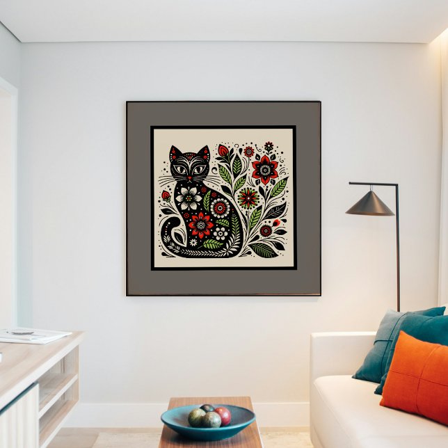 Affiche Art folklorique floral Feline (Créateur téléchargé)