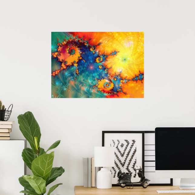 AFFICHE ART FRACTAL ABSTRAIT ORANGE BLEU (Bureau à domicile)
