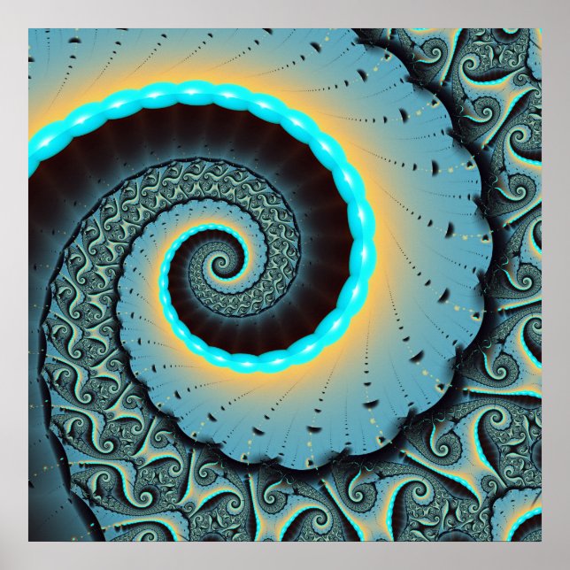 Affiche Art fractal spirale abstrait bleu turquoise orange (Devant)