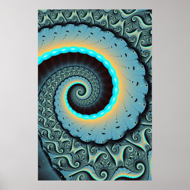 Affiche Art fractal spirale abstrait bleu turquoise orange (Devant)