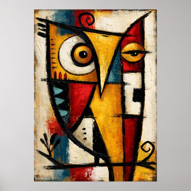 Affiche Art géométrique abstrait chouette cubiste primitif (Devant)