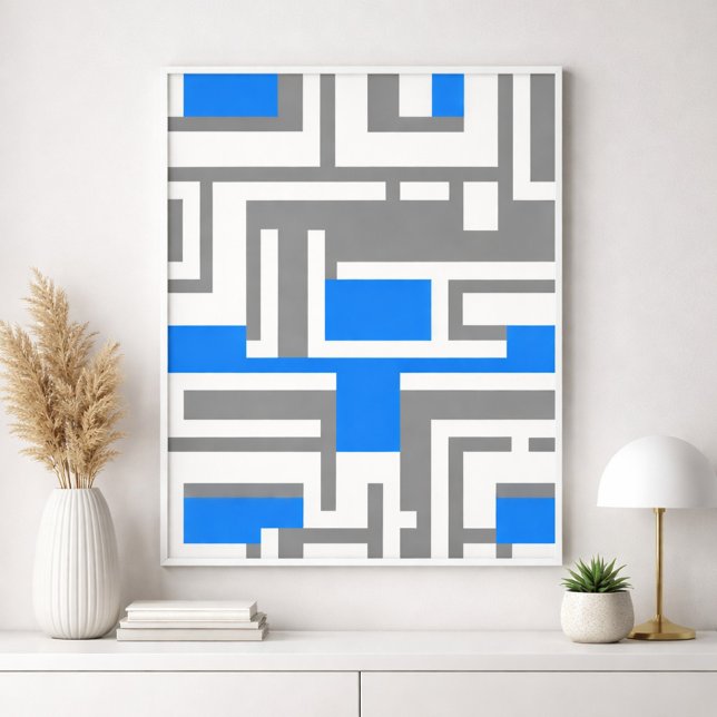 Affiche Art géométrique Abstrait en bleu, blanc et gris (Créateur téléchargé)
