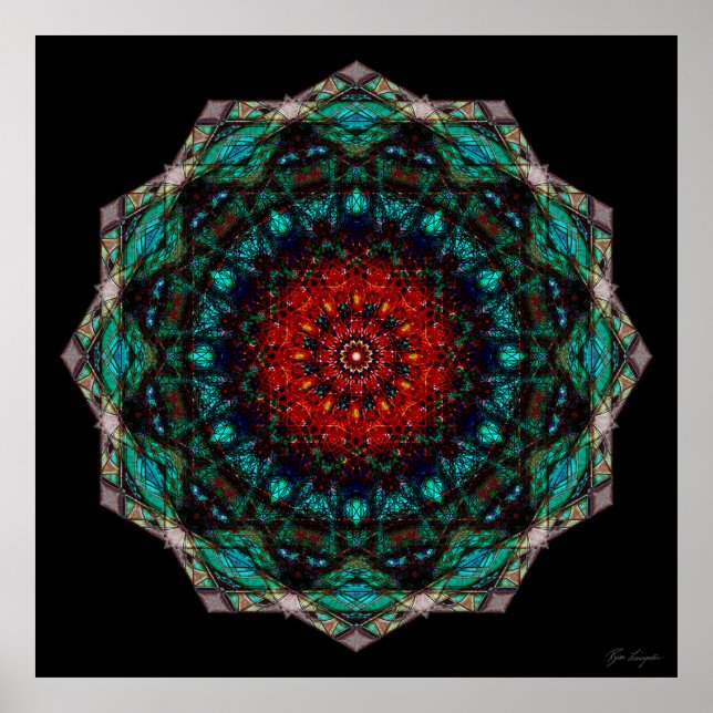 Affiche Art géométrique mandala rouge turquoise complexe (Devant)