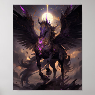 Affiche Art Imaginaire noir violet Unicorne