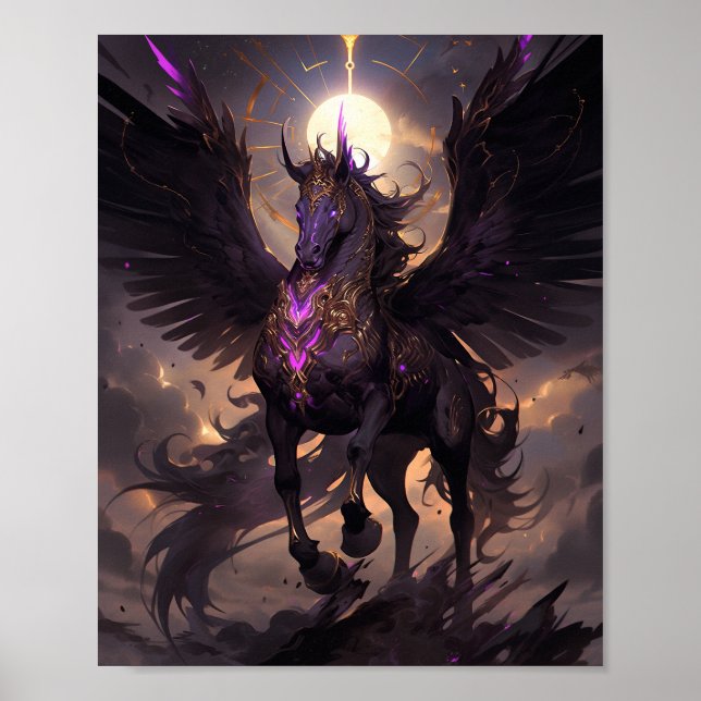 Affiche Art Imaginaire noir violet Unicorne (Devant)